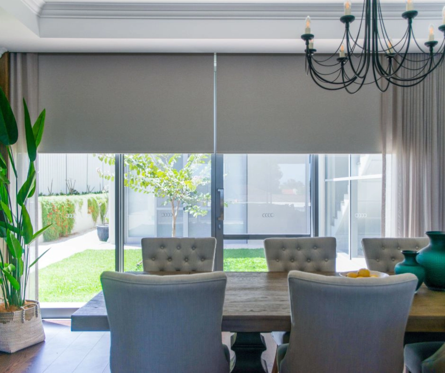 Roller blinds in dining room