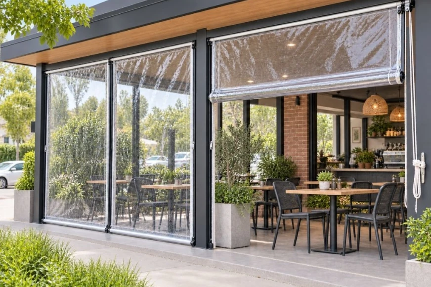 commercial cafe outdoor area with tables and chairs enclosed with cafe blinds