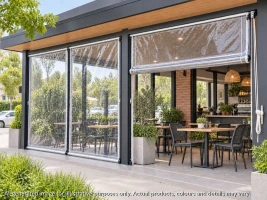 commercial cafe outdoor area with tables and chairs enclosed with cafe blinds