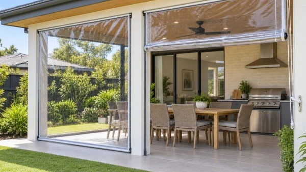 Outdoor kitchen & entertaining area on back patio enclosed with 2 clear cafe blinds