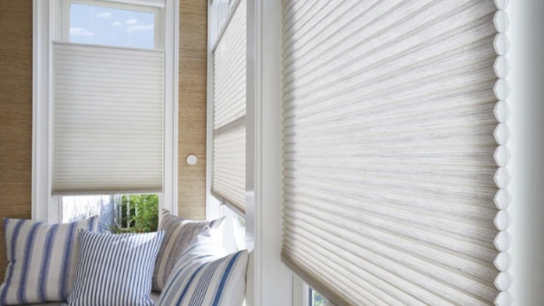 close up of cellular honeycomb light filtering blinds in corner loungeroom