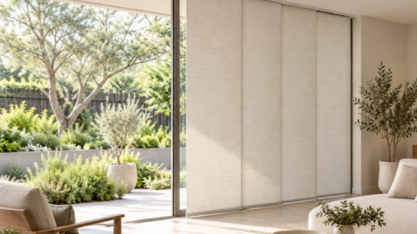 Modern loungeroom with large sliding door window and panel blinds