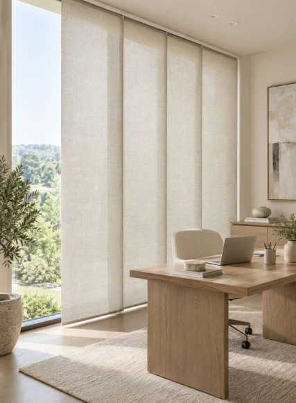 panel blinds floor to ceiling in home office, stacked open to see view