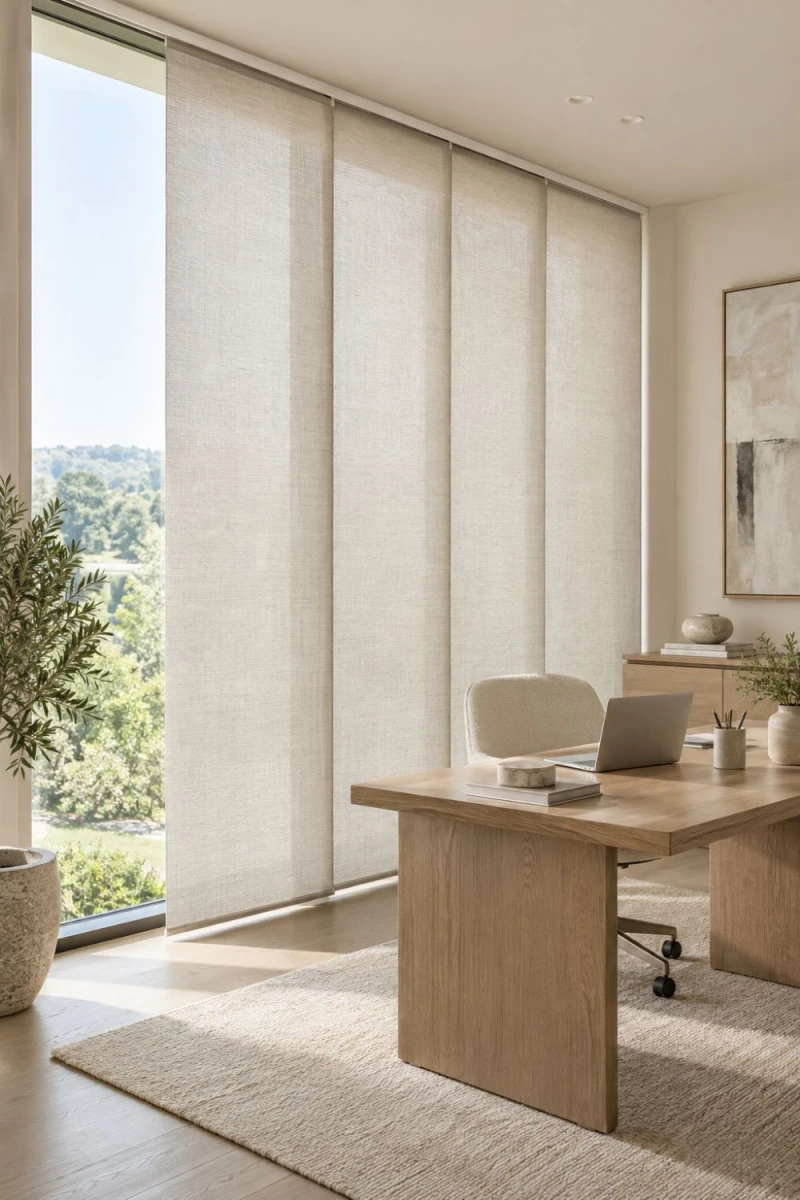 panel blinds floor to ceiling in home office, stacked open to see view