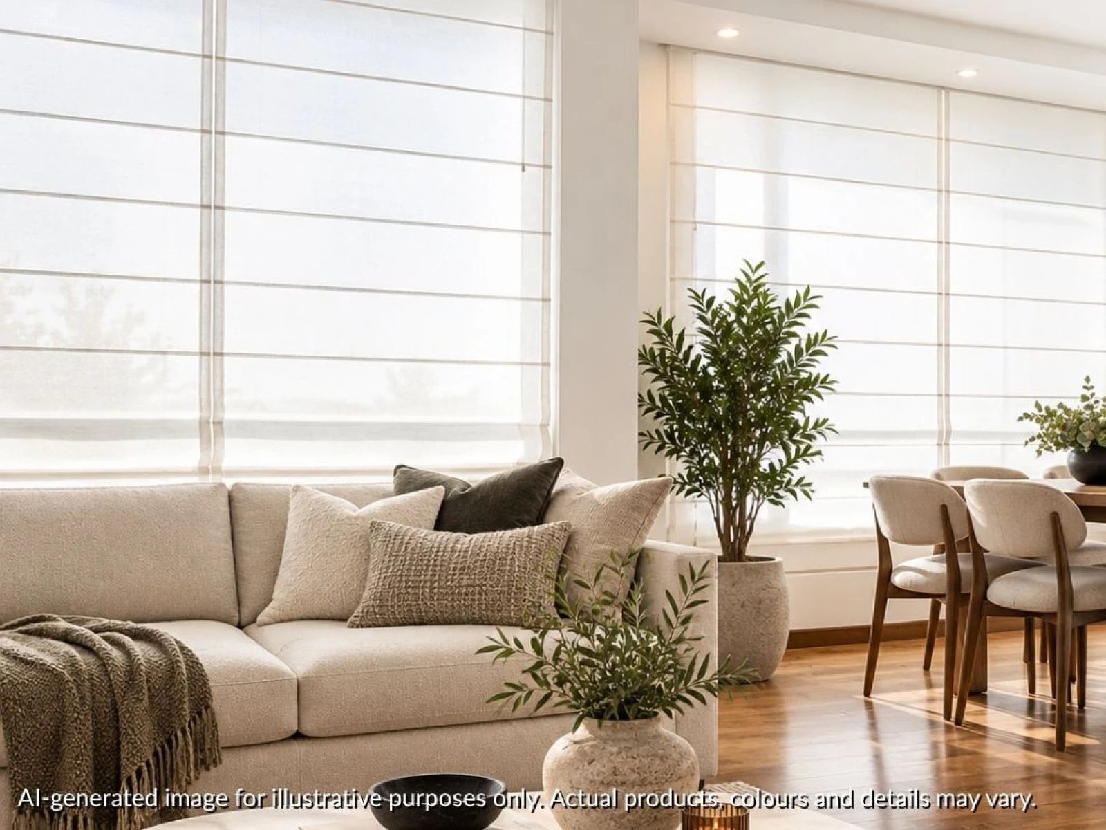 Open plan living area with light filtering romann blinds pulled down on two large windows