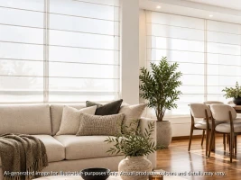 Open plan living area with light filtering romann blinds pulled down on two large windows