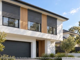 Double storey home with wire guide blinds mounted externally on 3 windows
