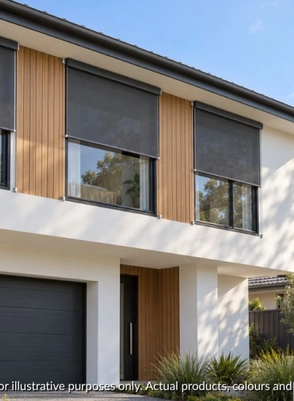 Double storey home with wire guide blinds mounted externally on 3 windows