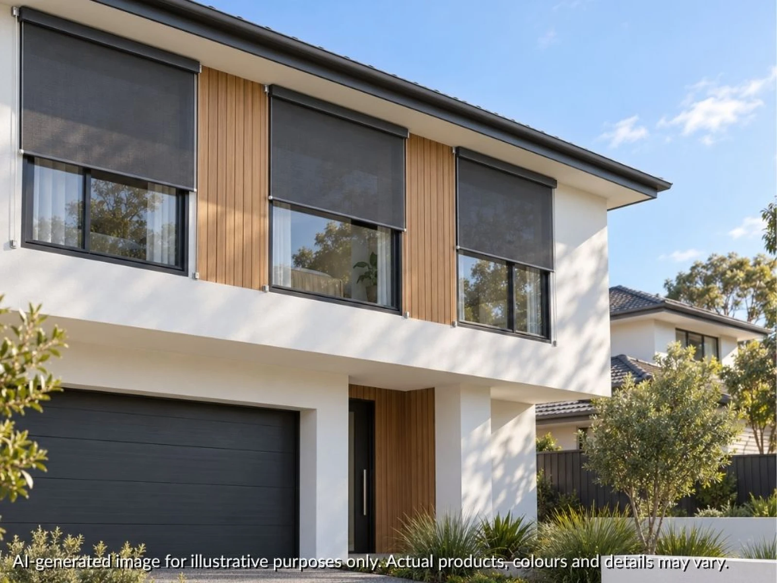 Double storey home with wire guide blinds mounted externally on 3 windows