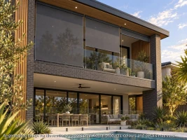 Dark brick and timber double storey facade with 3 wire guide blinds on upstairs balcony