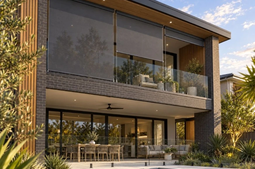 Dark brick and timber double storey facade with 3 wire guide blinds on upstairs balcony