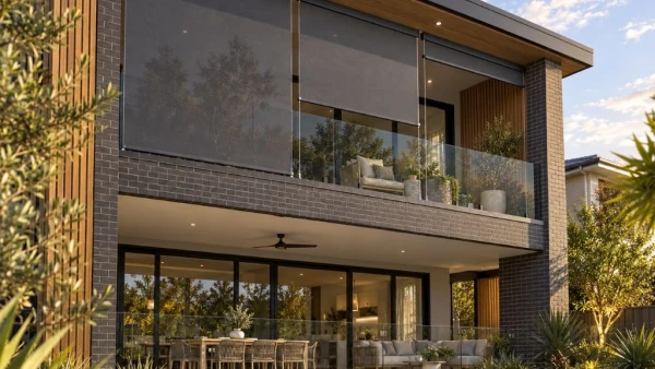 Dark brick and timber double storey facade with 3 wire guide blinds on upstairs balcony
