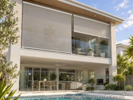Light coloured exterior of double storey home with 2 wide wire guide blinds to upstairs balcony