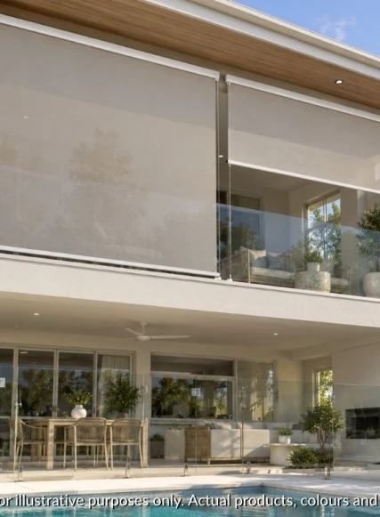 Light coloured exterior of double storey home with 2 wide wire guide blinds to upstairs balcony